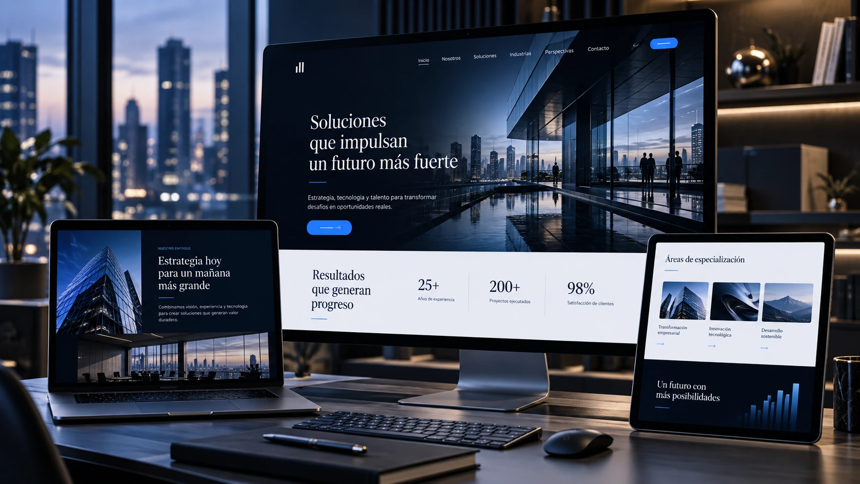 Sitio web corporativo mostrado en varios dispositivos